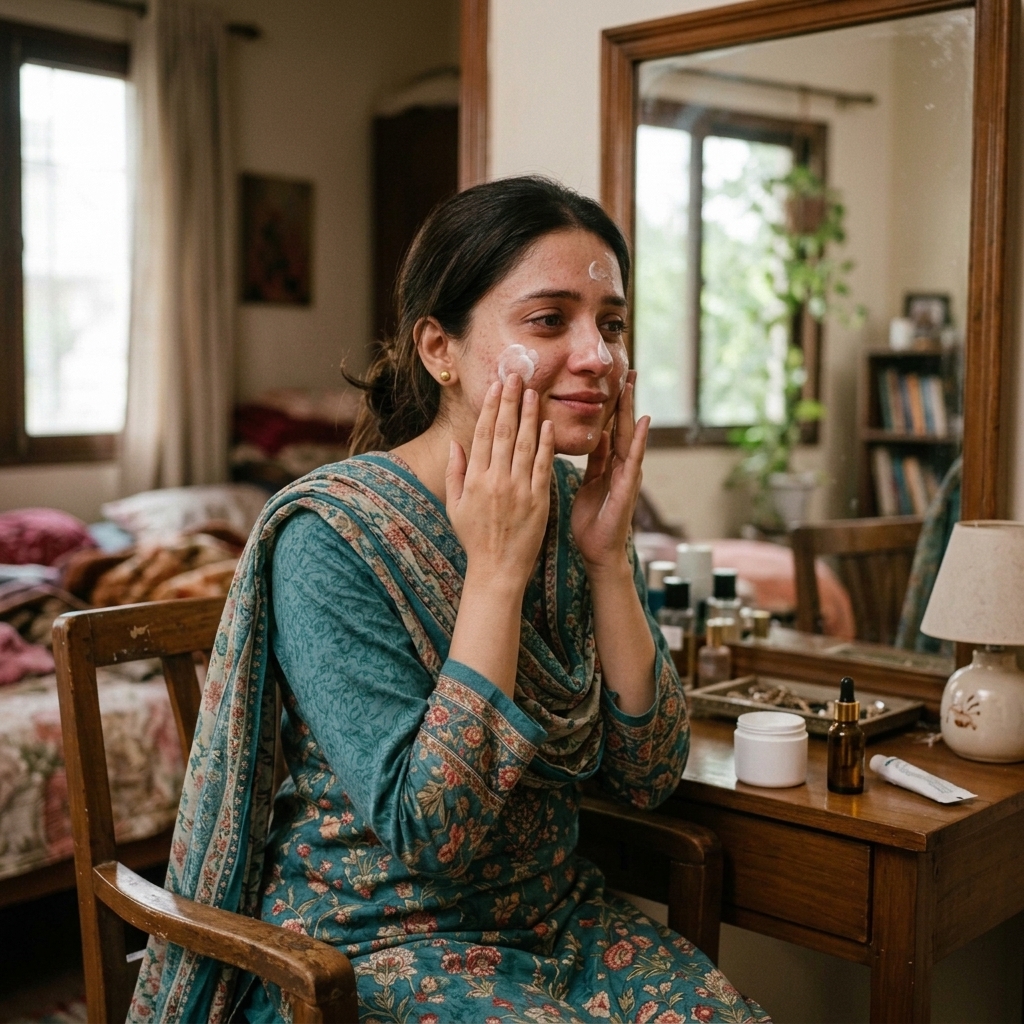 Woman applying Dr. Zia's personalized natural cream for acne, freckle and eczema treatment at home