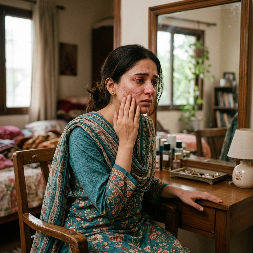 Woman feeling self-conscious and worried while examining persistent acne breakouts in the mirror before starting treatment